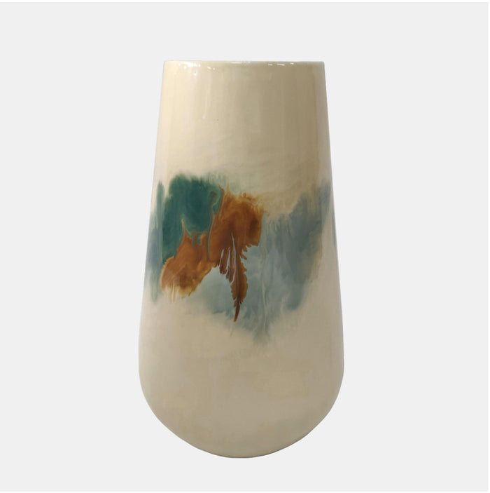 White beige vase with green, blue and brown decorative stain in the middle.