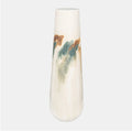 A white colored stained vase with a gradient of blue and green at the top, tapering towards the base.