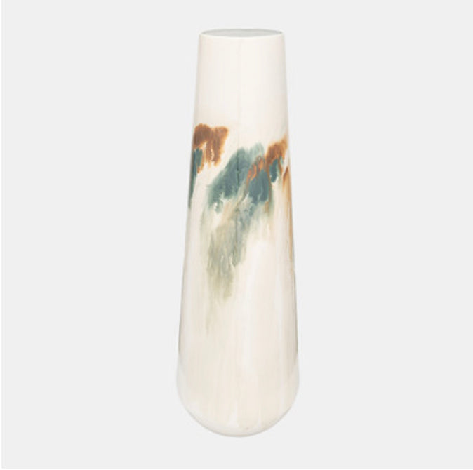 A white colored stained vase with a gradient of blue and green at the top, tapering towards the base.