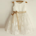 Ivory Lace Satin Wedding Flower Girl Dress with Champagne