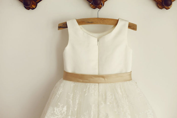 Ivory Lace Satin Wedding Flower Girl Dress with Champagne