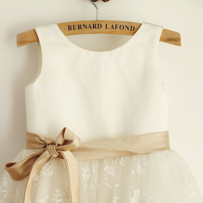 Ivory Lace Satin Wedding Flower Girl Dress with Champagne