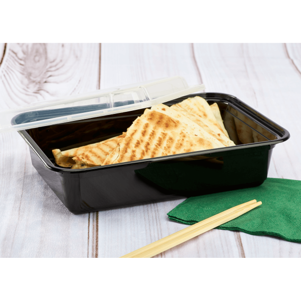 Karat 38oz PP Plastic Microwavable Rectangular Food Containers & Lids - Black - 150 ct