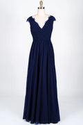 Lace Scalloped V-Neck Navy Chiffon Bridesmaid Dress Braided