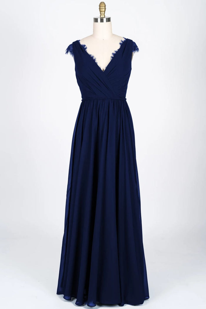 Lace Scalloped V-Neck Navy Chiffon Bridesmaid Dress Braided