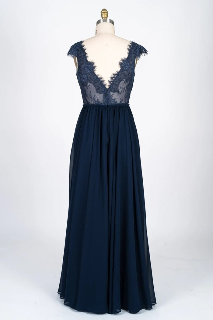 Lace Scalloped V-Neck Navy Chiffon Bridesmaid Dress Braided