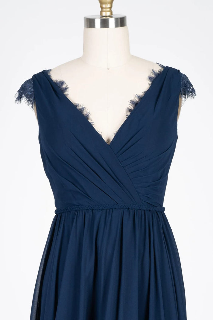 Lace Scalloped V-Neck Navy Chiffon Bridesmaid Dress Braided