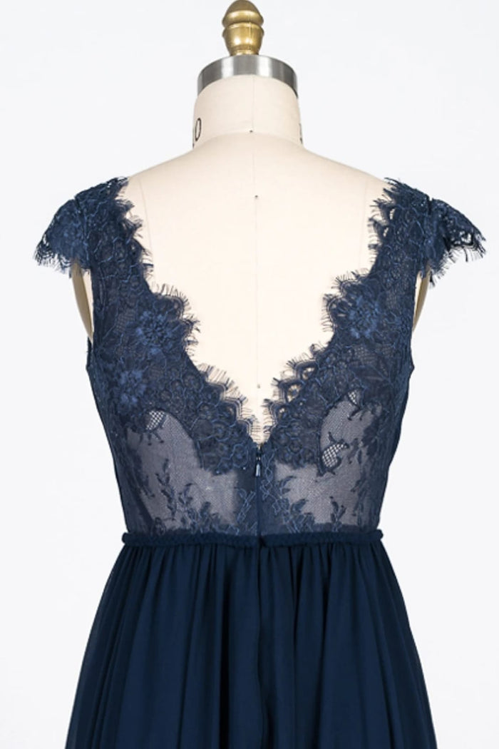 Lace Scalloped V-Neck Navy Chiffon Bridesmaid Dress Braided