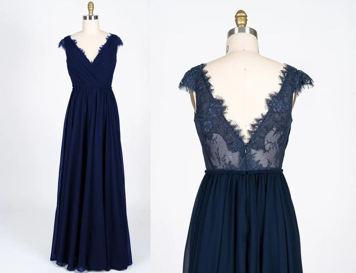 Lace Scalloped V-Neck Navy Chiffon Bridesmaid Dress Braided