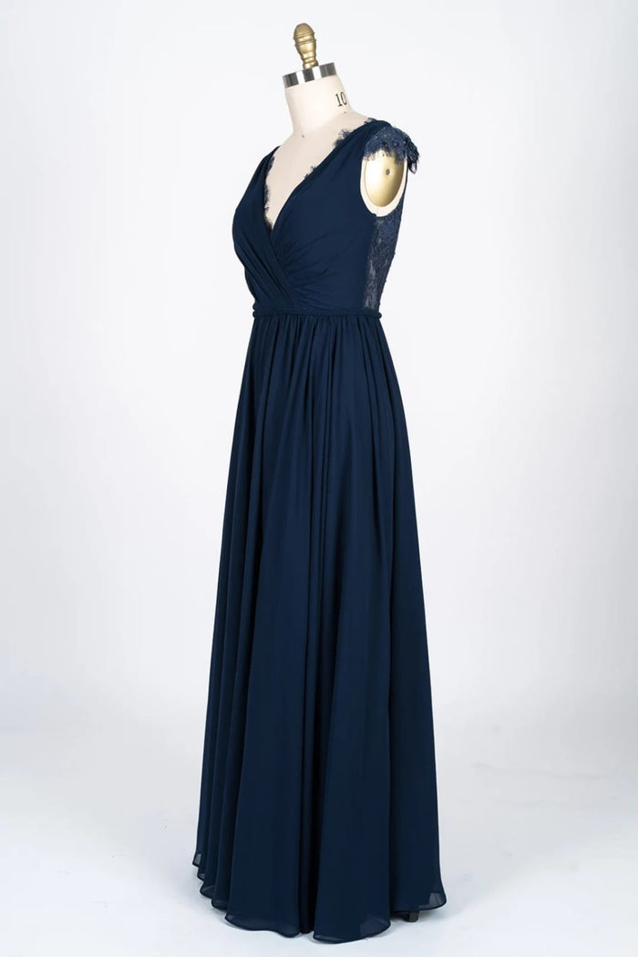 Lace Scalloped V-Neck Navy Chiffon Bridesmaid Dress Braided