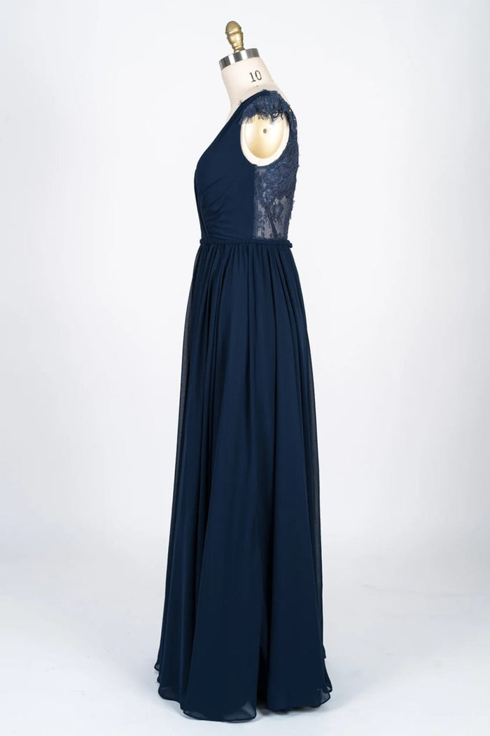 Lace Scalloped V-Neck Navy Chiffon Bridesmaid Dress Braided