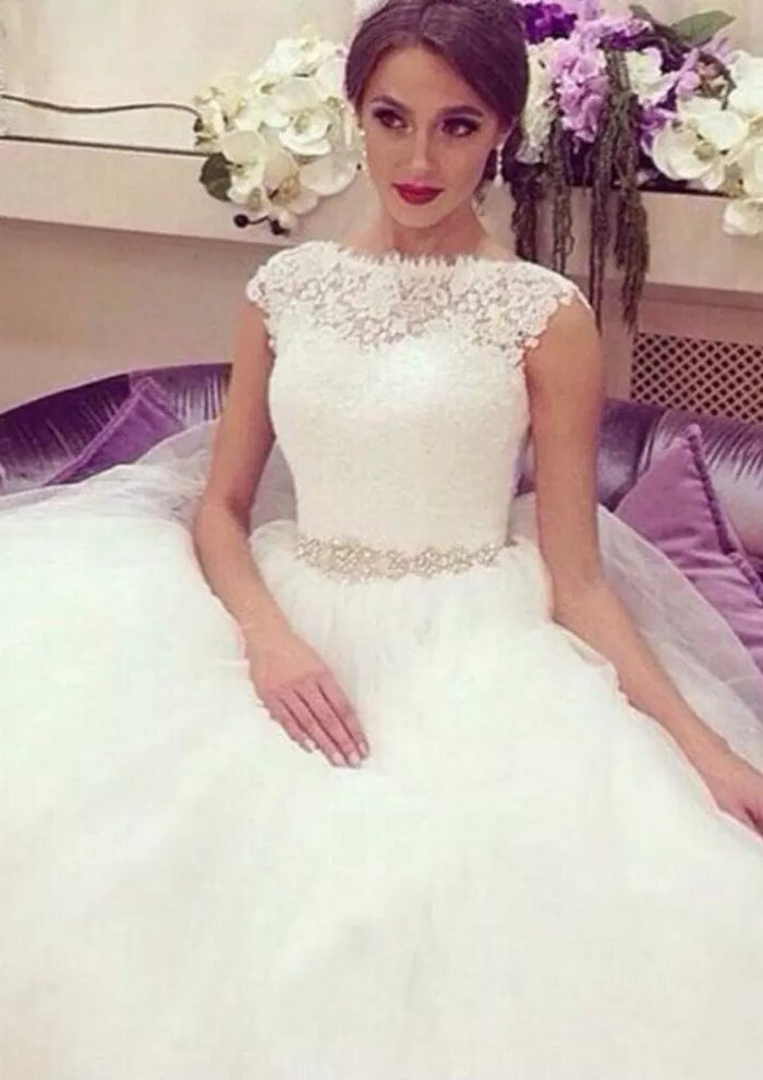 Lace Tulle Bateau Button Ball Gown Bridal Wedding Dress