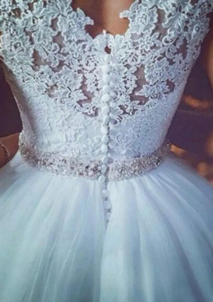Lace Tulle Bateau Button Ball Gown Bridal Wedding Dress