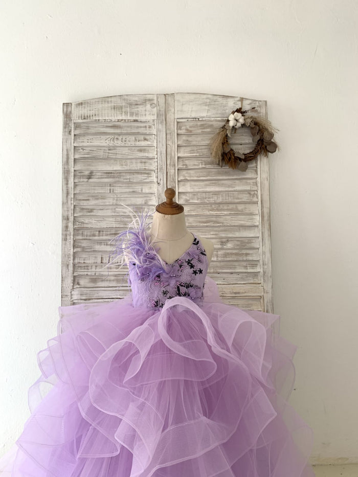 Lavender Lace Tulle Wedding Flower Girl Dress Kids Party