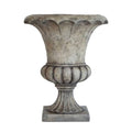 The Lightweight Scallop Urn Planter – Antique White, 22-inch by Pick-Up & Local Delivery Only features a fluted rim, rounded bowl, and ornate pedestal base—perfect for enhancing outdoor spaces. Shown against a white background.