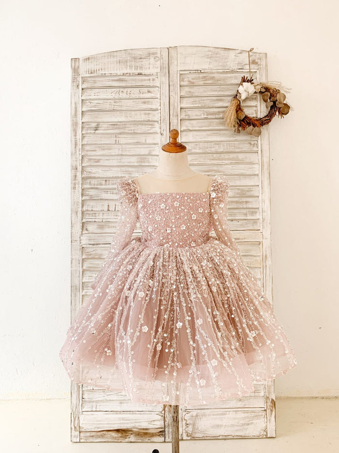 Long Sleeves Mauve Crystal Beaded Wedding Flower Girl Dress