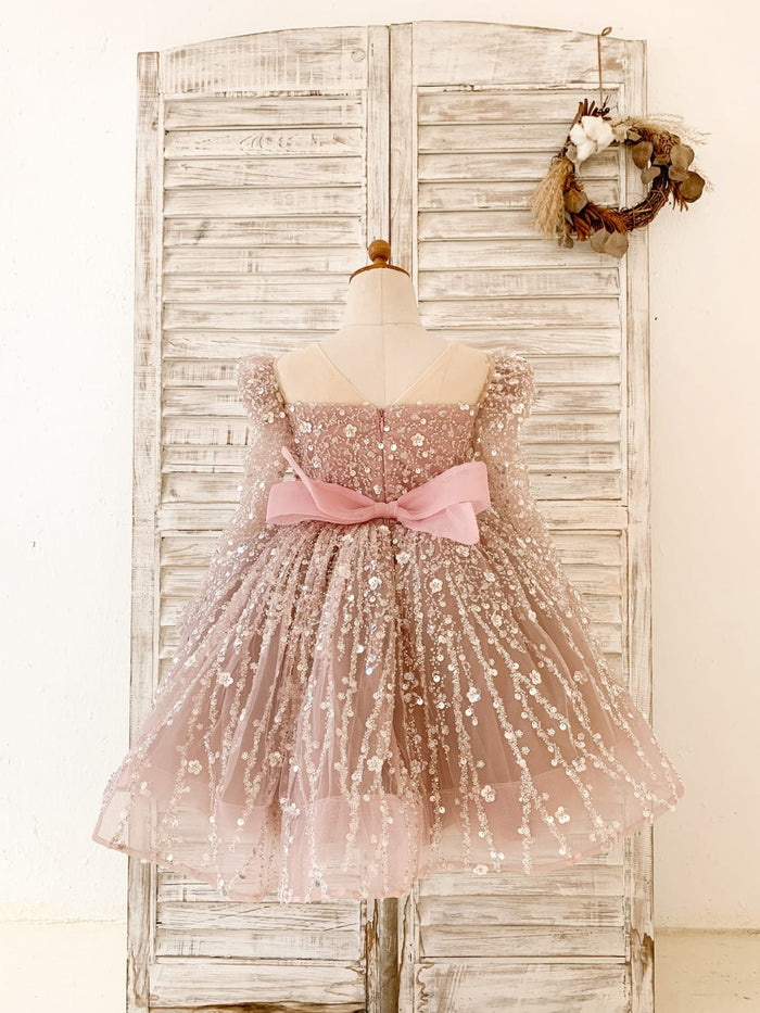 Long Sleeves Mauve Crystal Beaded Wedding Flower Girl Dress