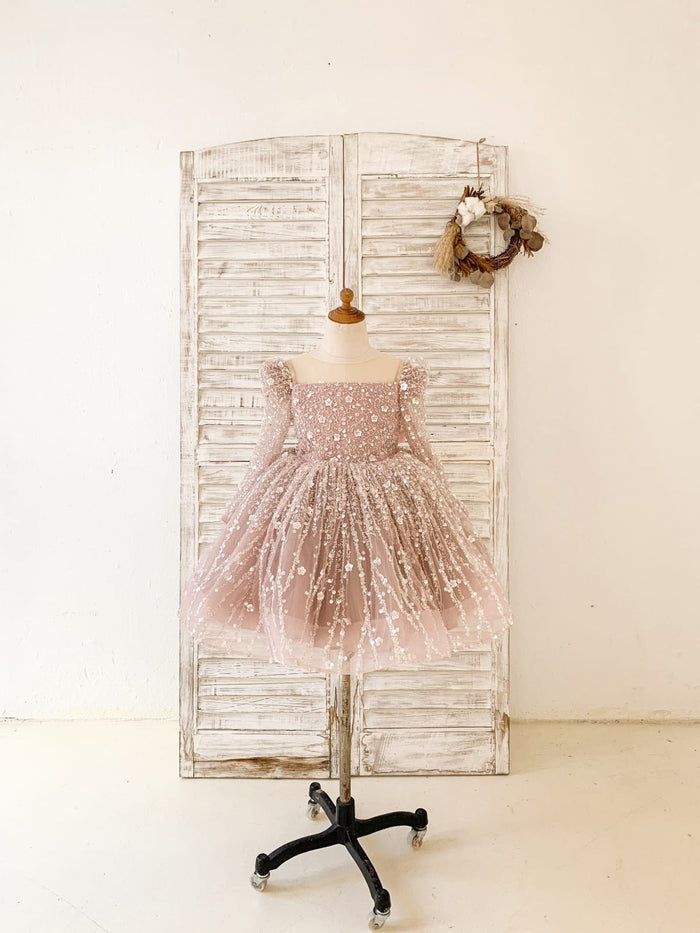 Long Sleeves Mauve Crystal Beaded Wedding Flower Girl Dress
