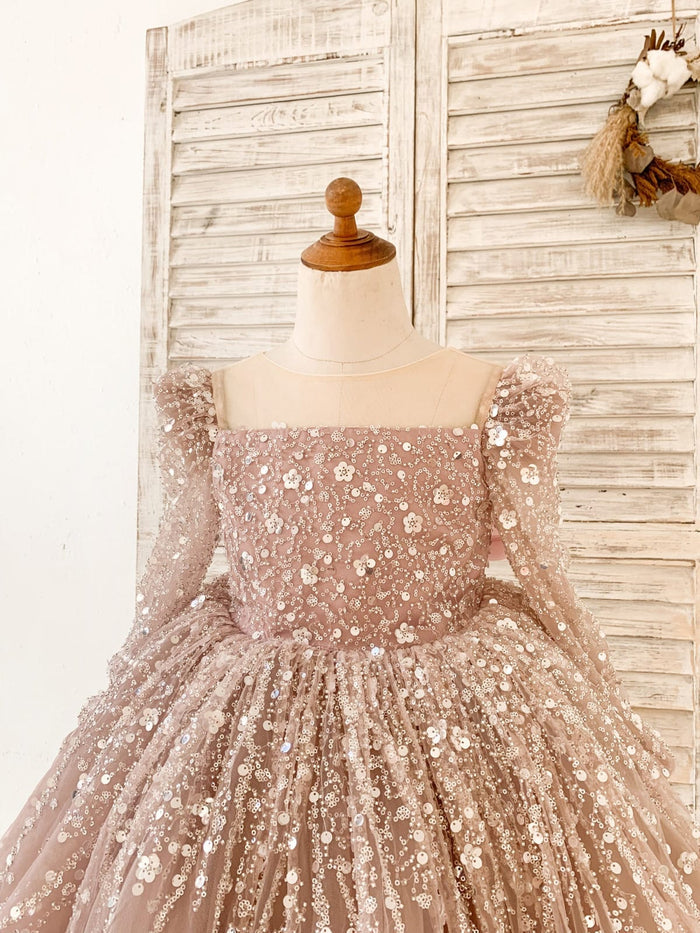 Long Sleeves Mauve Crystal Beaded Wedding Flower Girl Dress