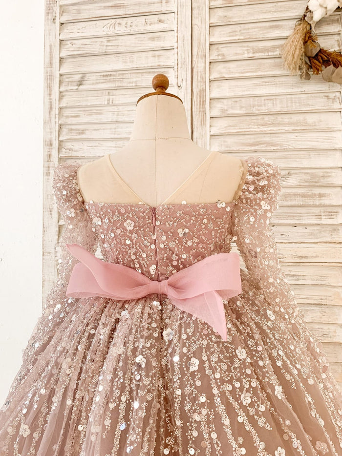 Long Sleeves Mauve Crystal Beaded Wedding Flower Girl Dress
