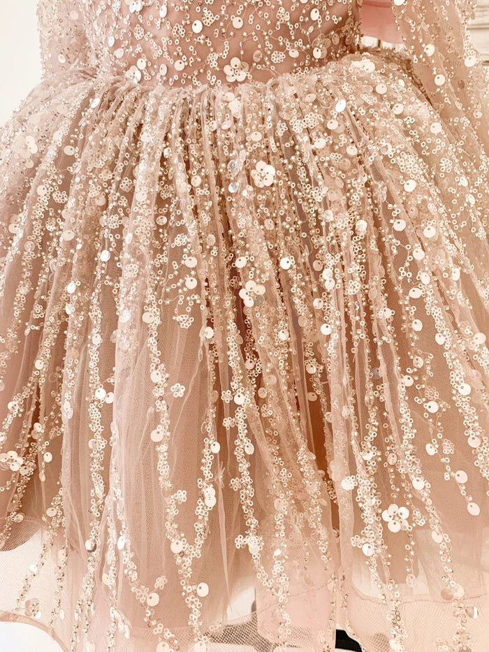Long Sleeves Mauve Crystal Beaded Wedding Flower Girl Dress