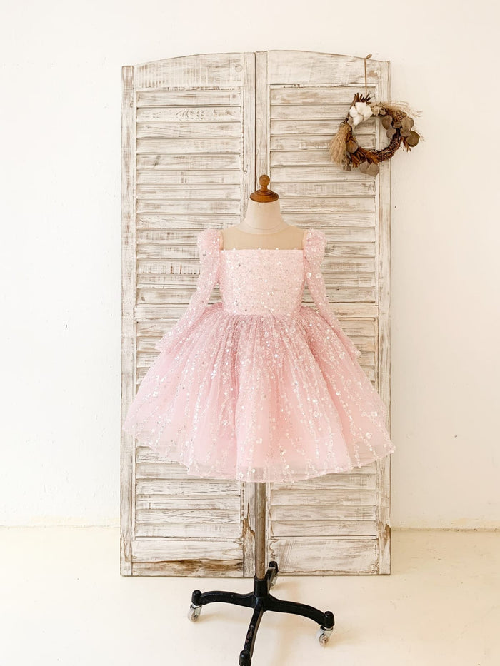 Long Sleeves Pink Crystal Beaded Wedding Flower Girl Dress