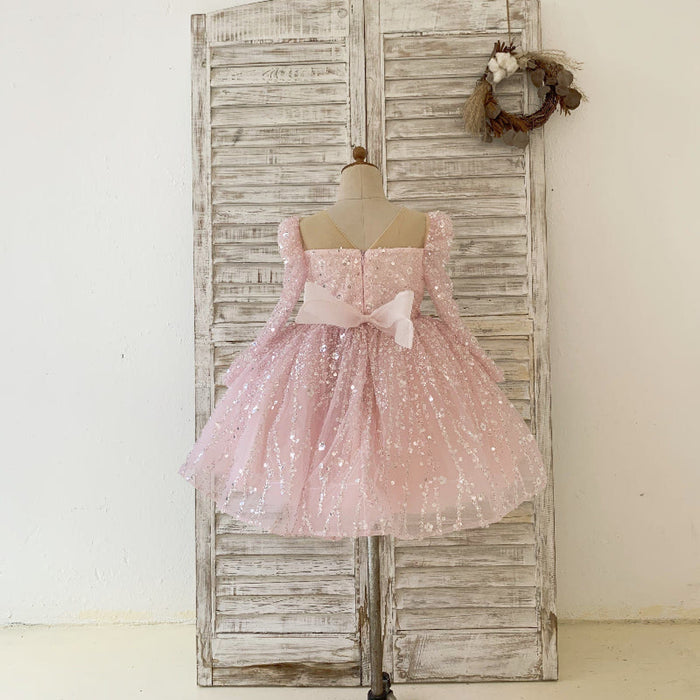 Long Sleeves Pink Crystal Beaded Wedding Flower Girl Dress
