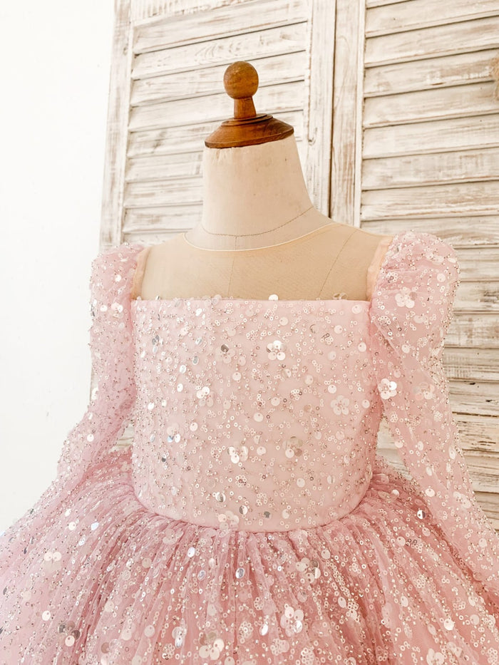 Long Sleeves Pink Crystal Beaded Wedding Flower Girl Dress