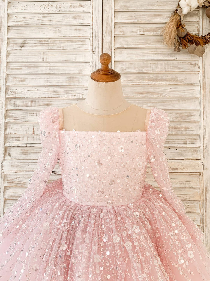 Long Sleeves Pink Crystal Beaded Wedding Flower Girl Dress