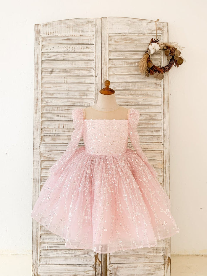 Long Sleeves Pink Crystal Beaded Wedding Flower Girl Dress