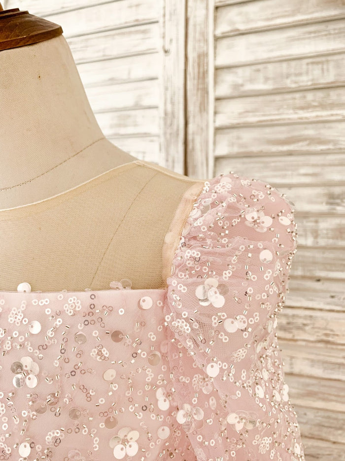 Long Sleeves Pink Crystal Beaded Wedding Flower Girl Dress