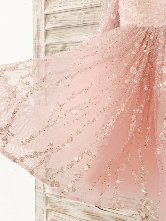 Long Sleeves Pink Crystal Beaded Wedding Flower Girl Dress