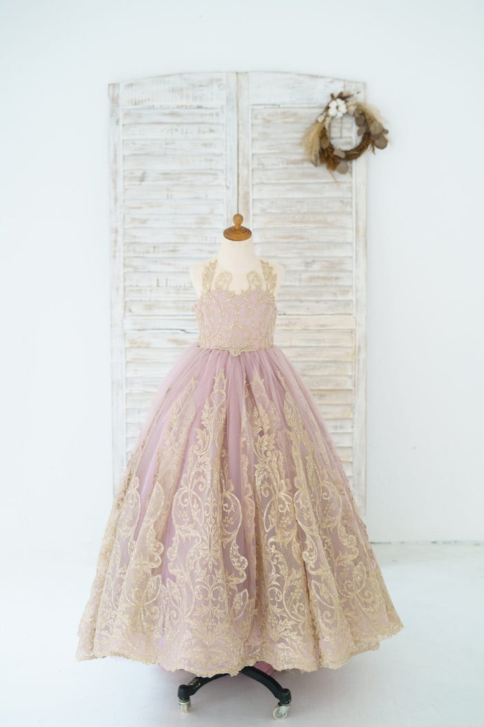 Mauve Tulle Gold Lace Sheer Back Wedding Flower Girl Dress