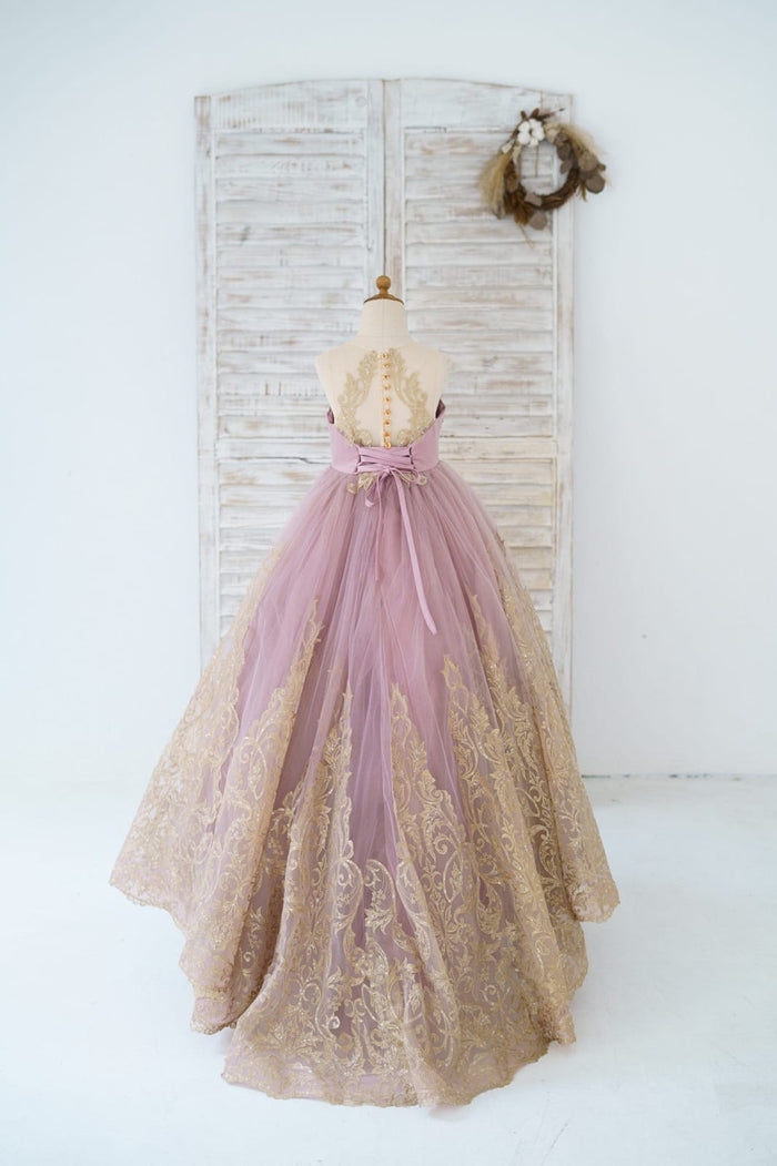 Mauve Tulle Gold Lace Sheer Back Wedding Flower Girl Dress