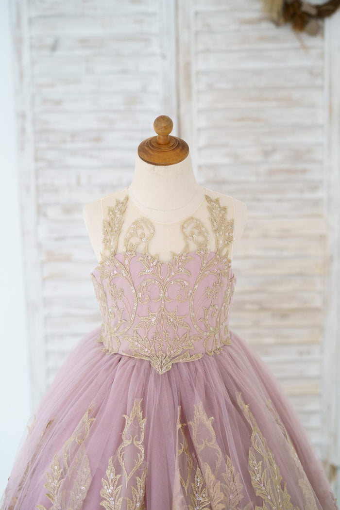 Mauve Tulle Gold Lace Sheer Back Wedding Flower Girl Dress