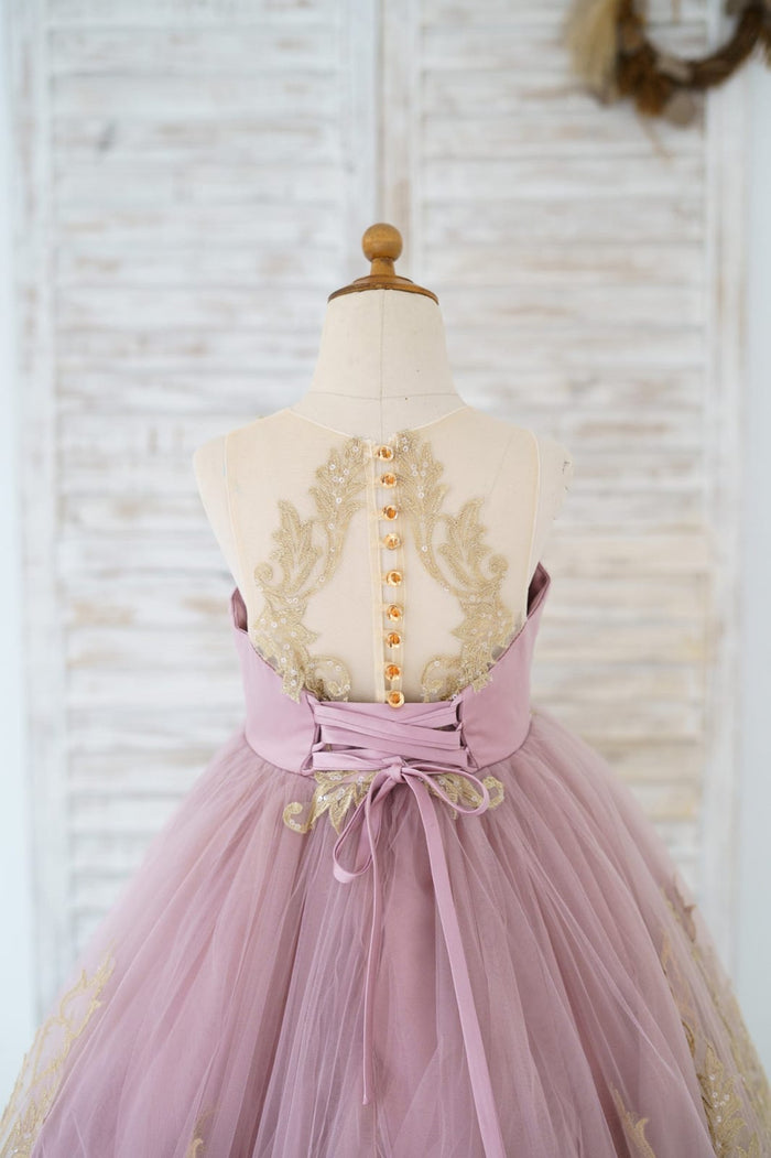 Mauve Tulle Gold Lace Sheer Back Wedding Flower Girl Dress