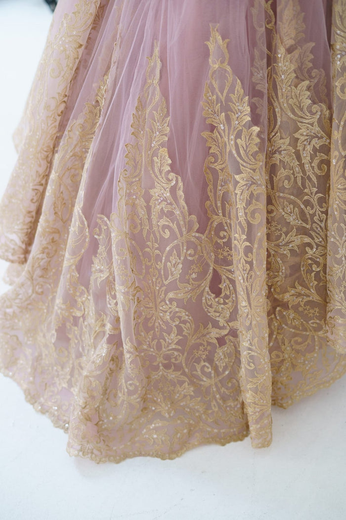 Mauve Tulle Gold Lace Sheer Back Wedding Flower Girl Dress