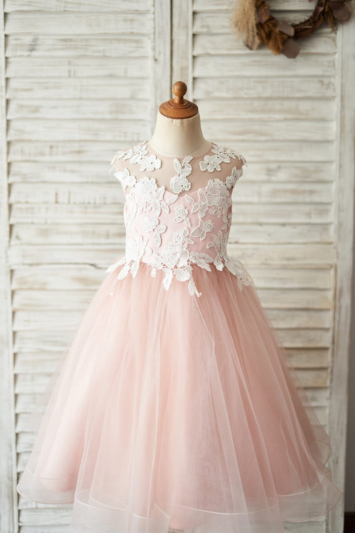 Mauve Tulle Ivory Lace Keyhole Back Wedding Flower Girl