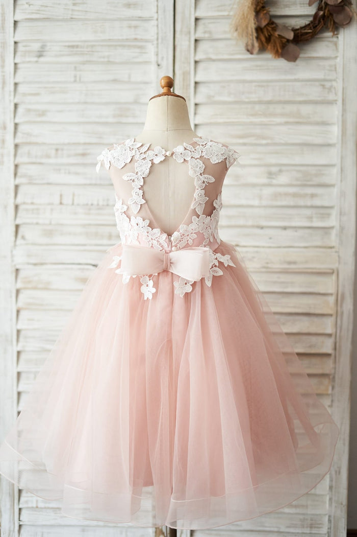 Mauve Tulle Ivory Lace Keyhole Back Wedding Flower Girl
