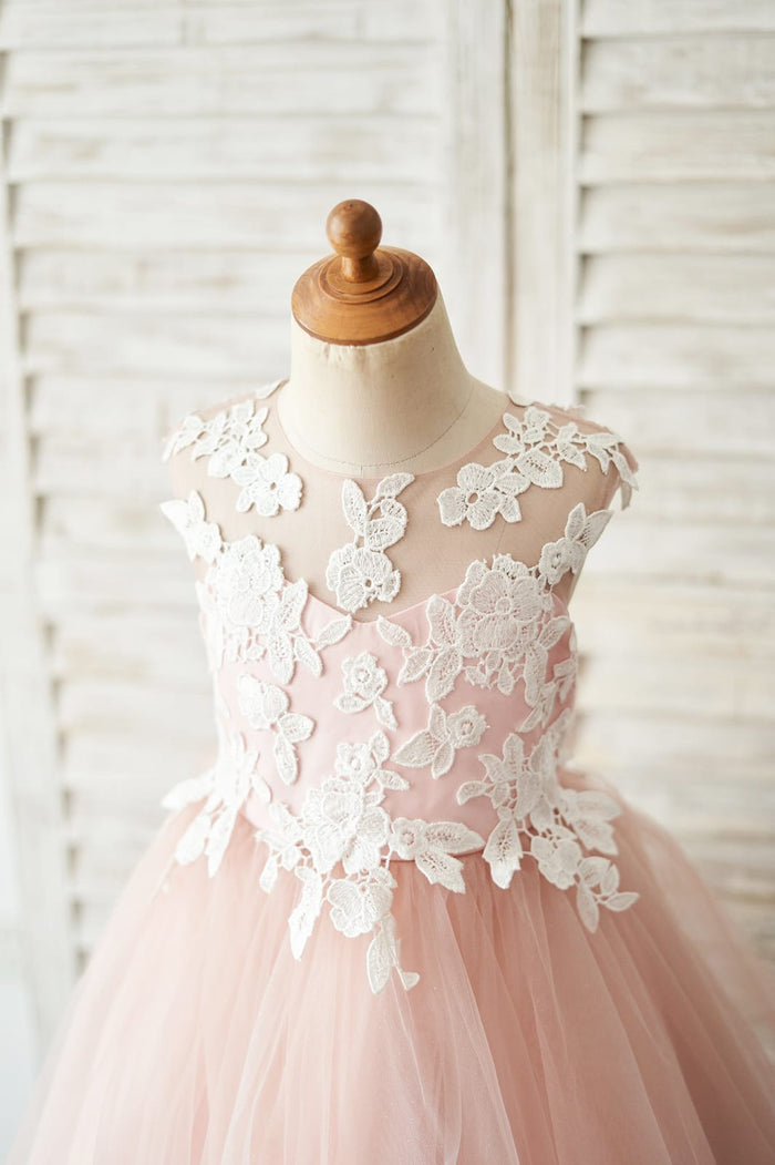 Mauve Tulle Ivory Lace Keyhole Back Wedding Flower Girl