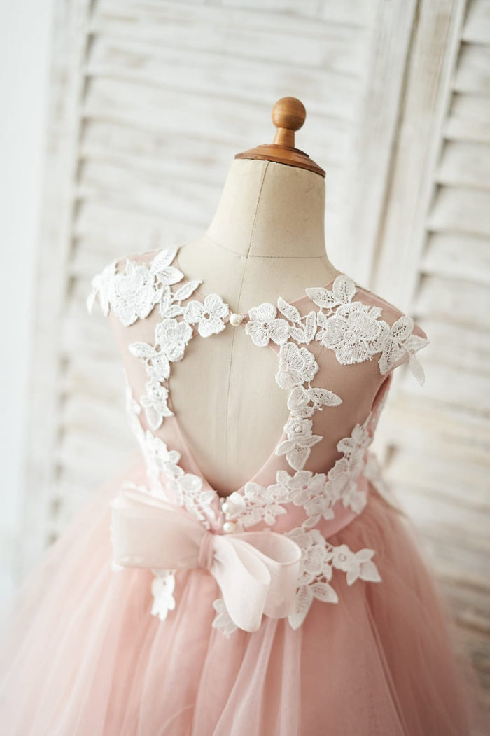 Mauve Tulle Ivory Lace Keyhole Back Wedding Flower Girl