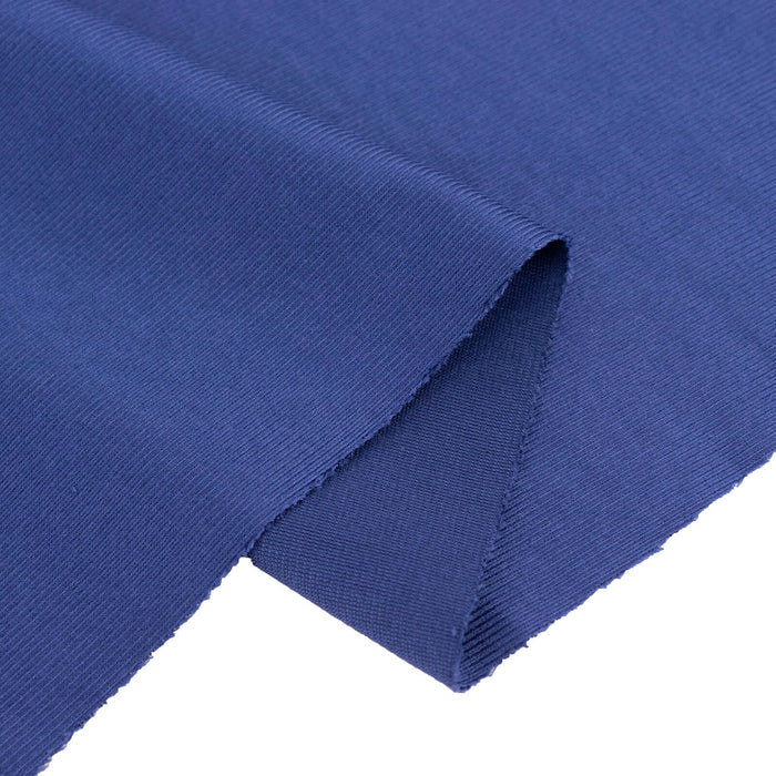 Navy blue fabric swatch with a smooth texture and frayed edge.