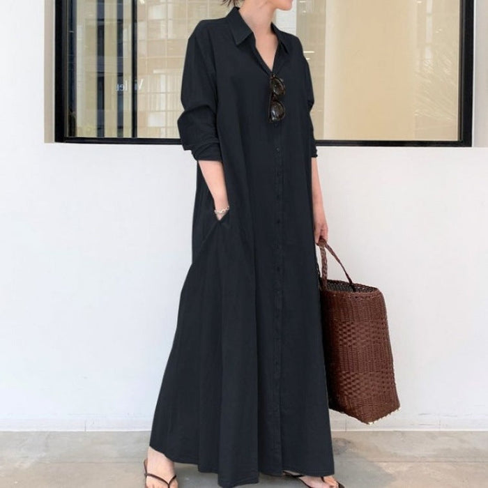 New solid color simple loose casual long shirt dress