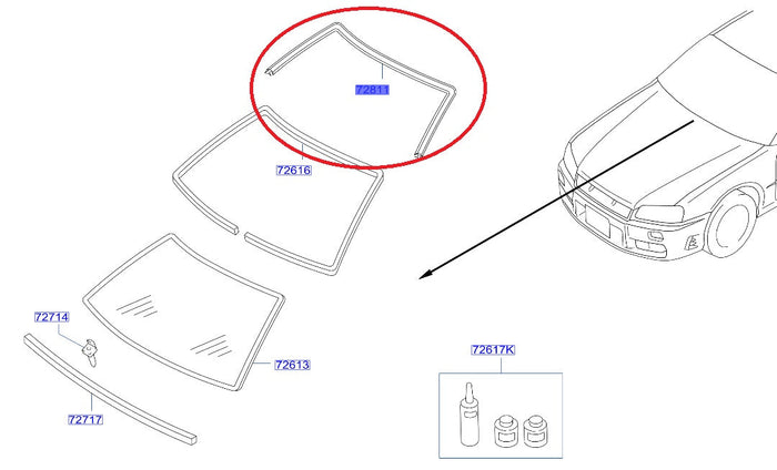 NISSAN Front Windshield Windscreen Upper Weatherstrip - R34 2 Doors BNR34 #663101781 NISSAN