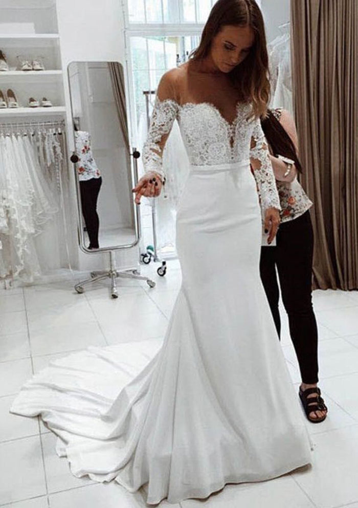 Off Shoulder Ivory Lace Chiffon Mermaid Bridal Gown Wedding