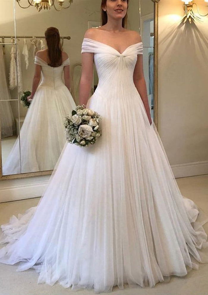 Off Shoulder Sleeveless Knot V Neck Sweep Tulle A-line
