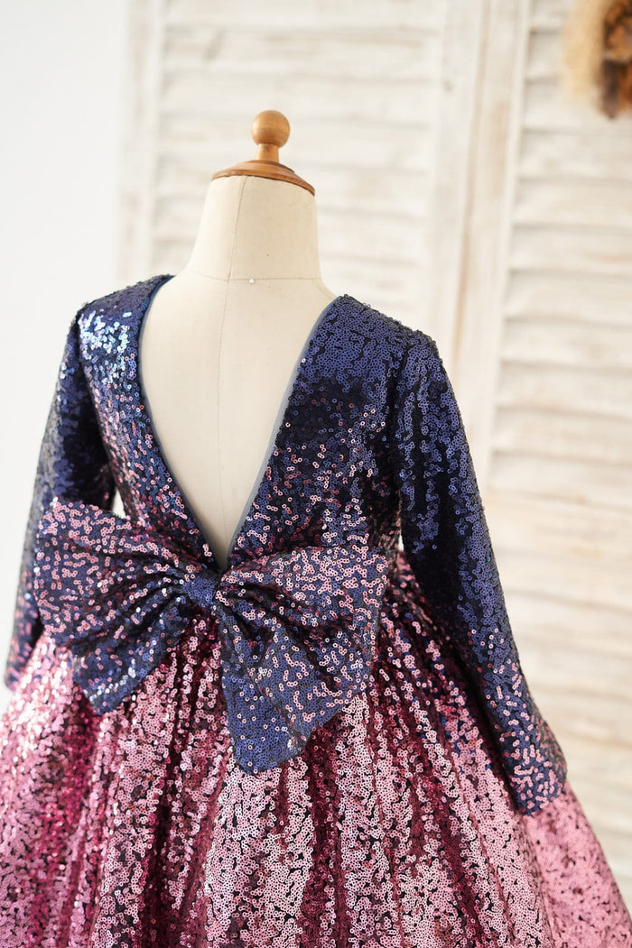 Ombre Navy Pink Sequin V Back Wedding Flower Girl Dress with