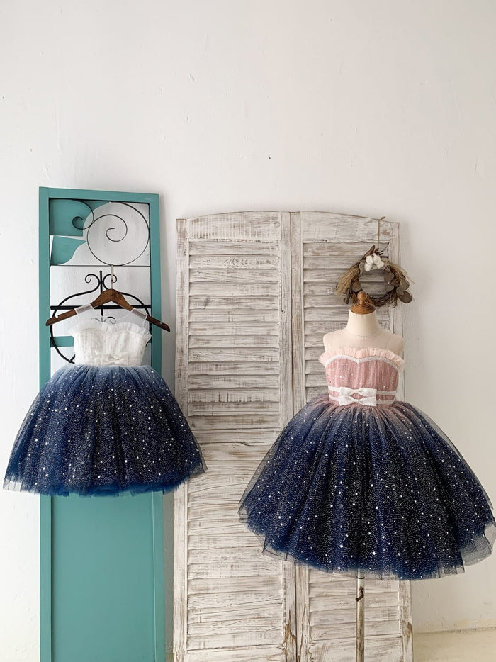 Ombre Pink / Navy Star Tulle Wedding Flower Girl Dress Kids