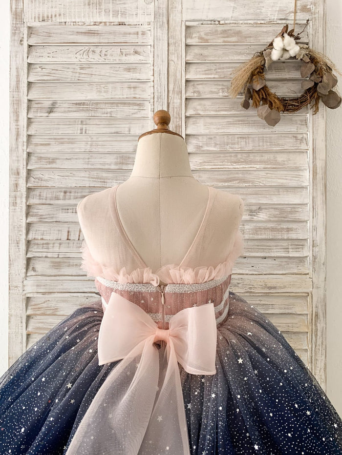 Ombre Pink / Navy Star Tulle Wedding Flower Girl Dress Kids