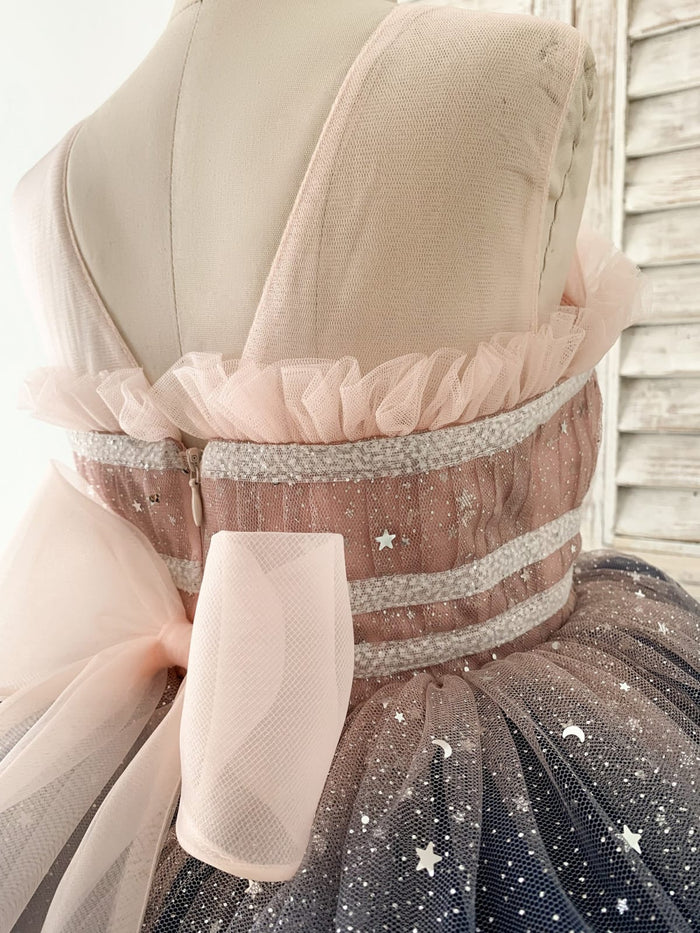 Ombre Pink / Navy Star Tulle Wedding Flower Girl Dress Kids